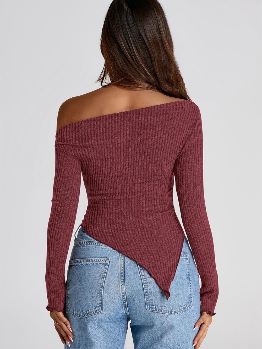 Asymmetric Off-Shoulder Ribbed Sweater - Wine - Picture 3 of 5